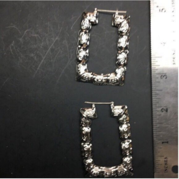 Rectangle Hoop Earrings Silver Latch Trapeze Puffy Bamboo Retro BoHo 80s 90s Y2K - Picture 3 of 4